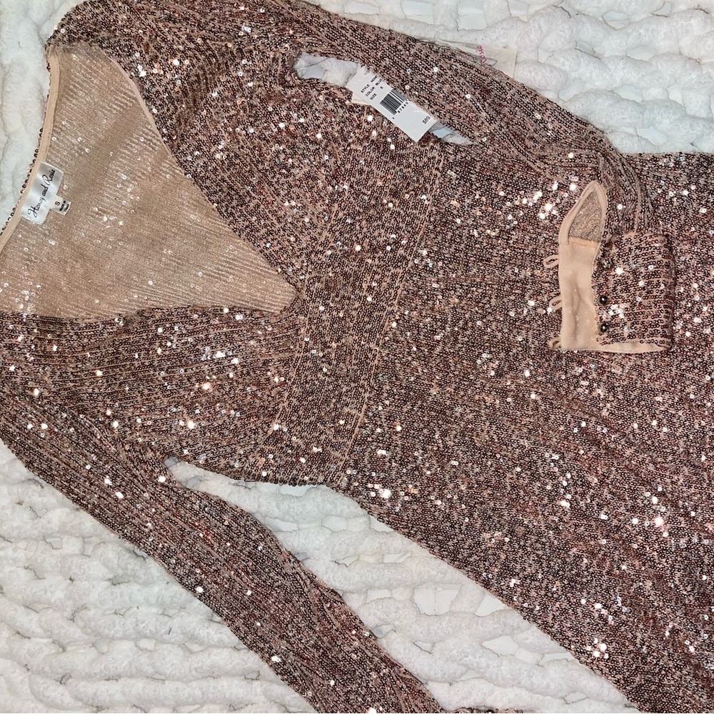Rose-Gold Sequin Sparkly Deep V-Neck Long Sleeve Dress